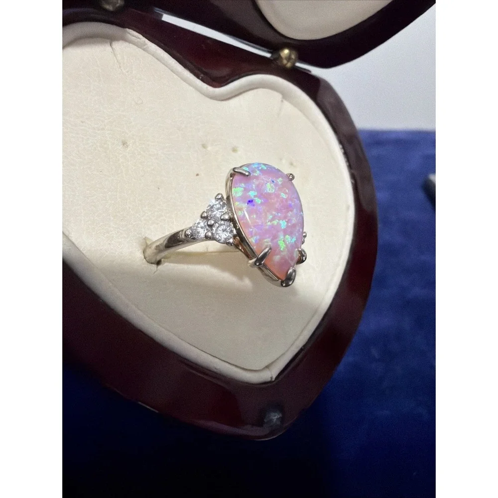 Bomb Party Ring (Size 8) Lab Created White Pink Opal Rhodium Plating